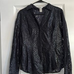 Cache Womens Metallic Lace Button Up Top Navy Blue Long Sleeves
